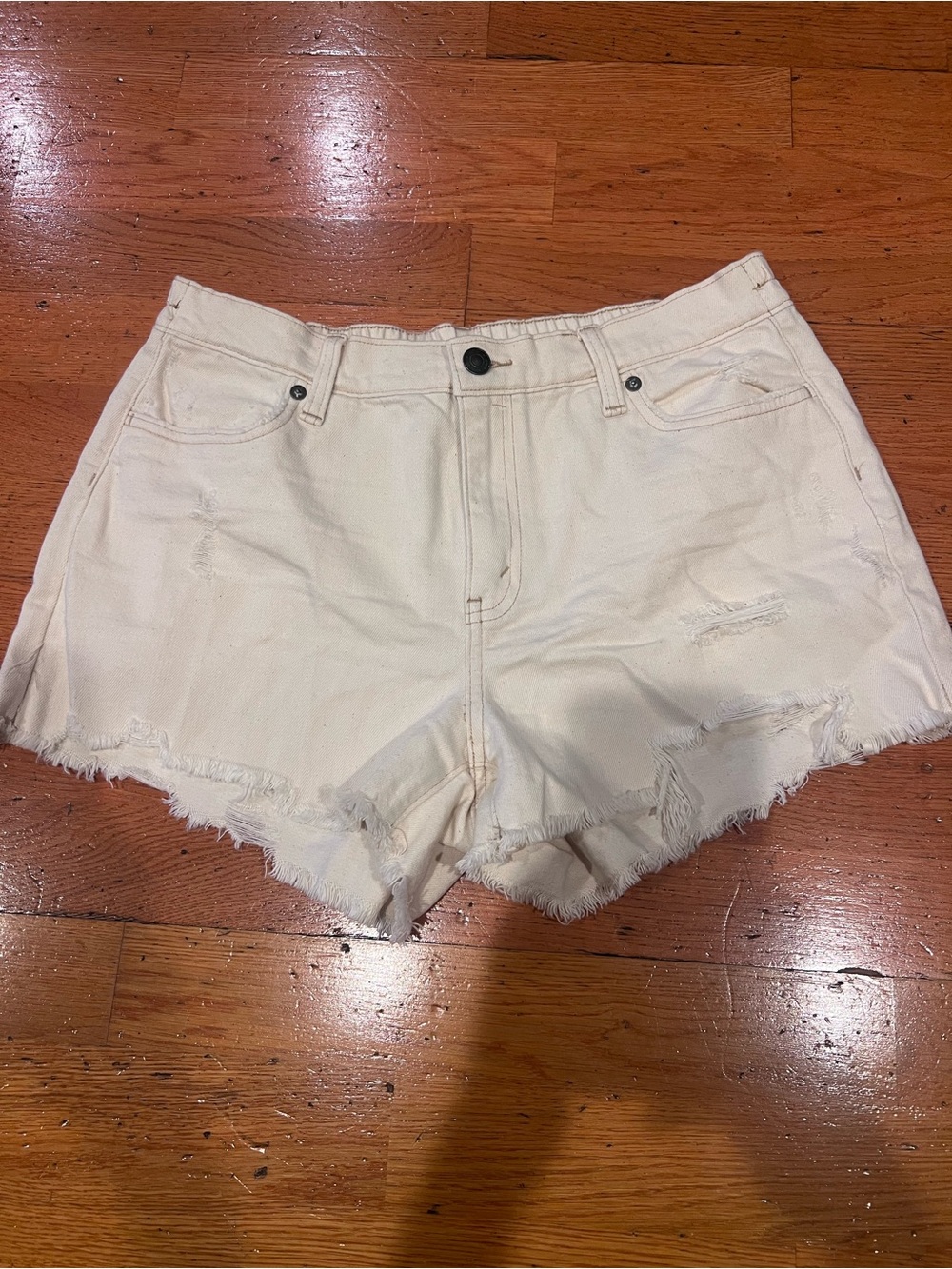 aerie Cream Distressed Frayed Hem Denim Shorts